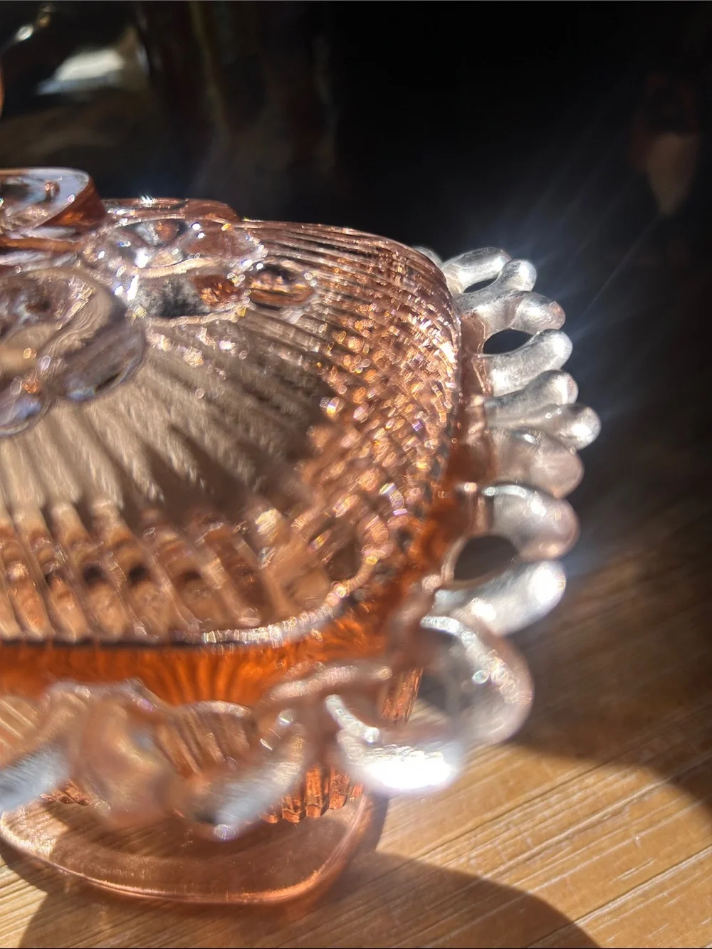 Vintage Indiana Pink Lace Edge Glass Pedestal Candy Dish
